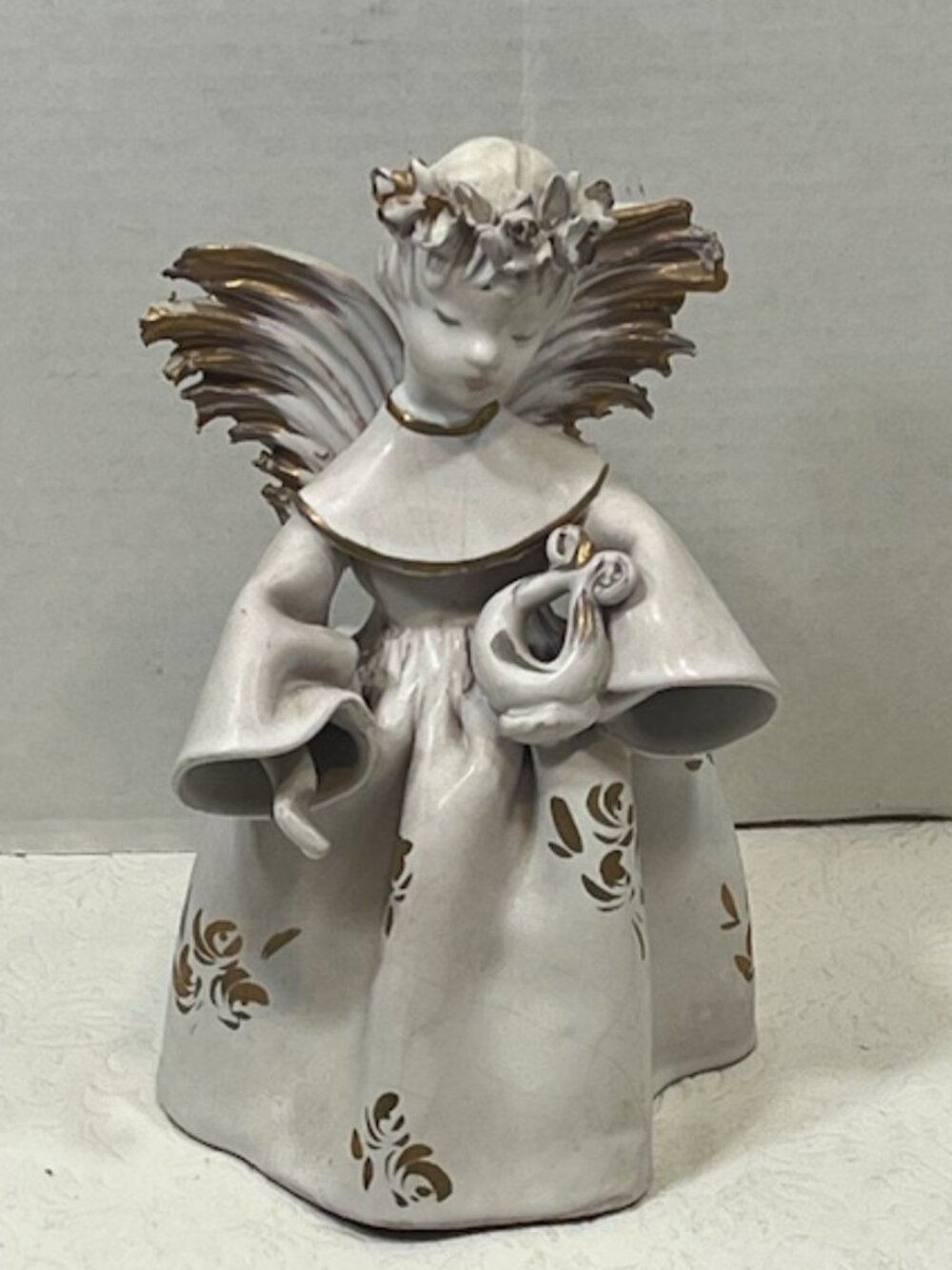 VTG Handmade Winged Angel w/Lyre Floral Accents Ceramic/Terra Cotta 4.5"x7.5"